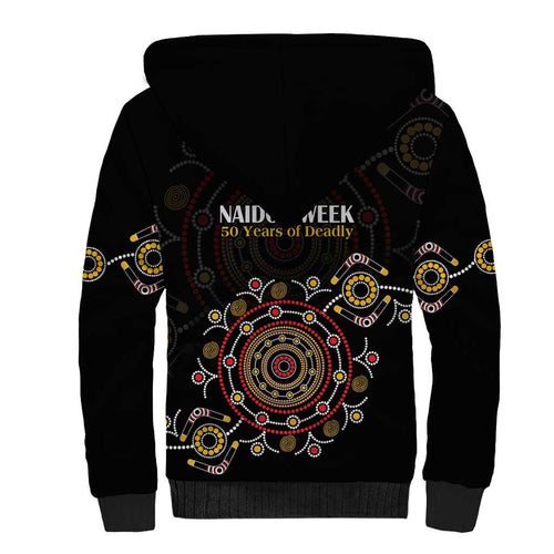 NAIDOC Deadly 50 Years Sherpa Hoodie Aboriginal Black Gold Boomerang Art