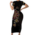 NAIDOC Deadly 50 Years Short Sleeve Bodycon Dress Aboriginal Black Gold Boomerang Art