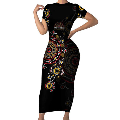 NAIDOC Deadly 50 Years Short Sleeve Bodycon Dress Aboriginal Black Gold Boomerang Art