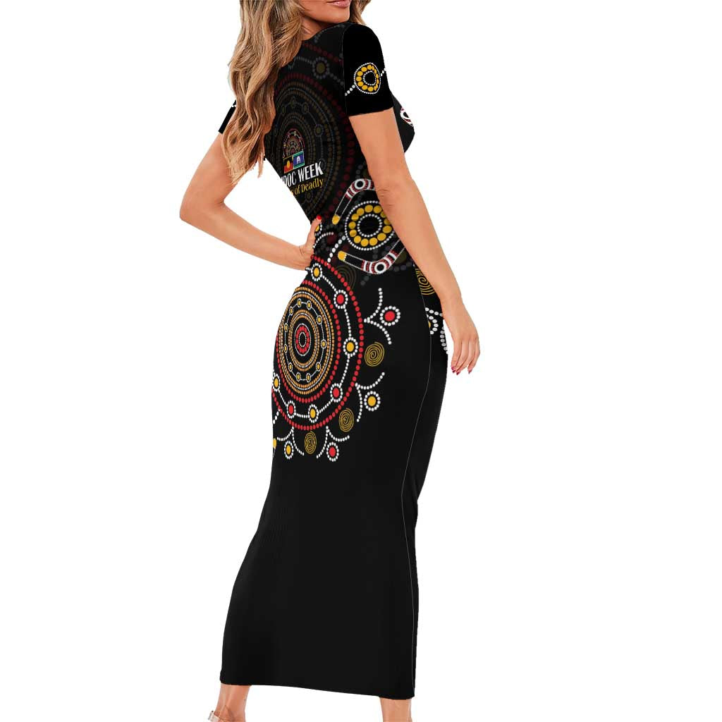 NAIDOC Deadly 50 Years Short Sleeve Bodycon Dress Aboriginal Black Gold Boomerang Art