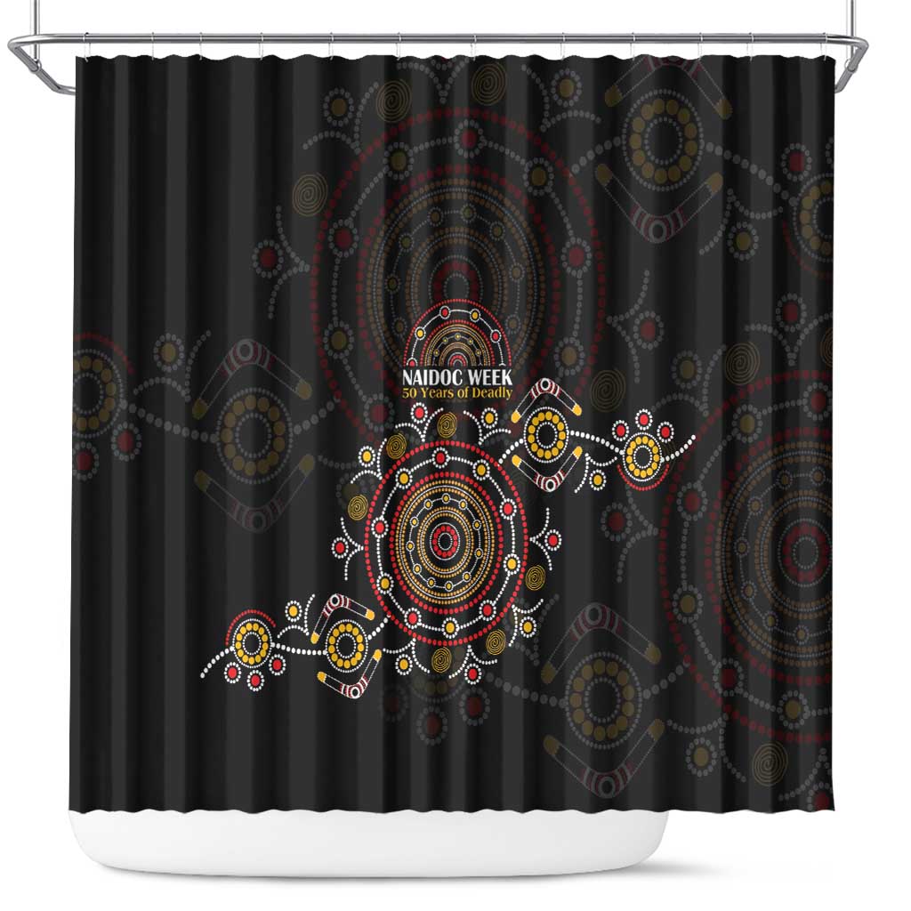 NAIDOC Deadly 50 Years Shower Curtain Aboriginal Black Gold Boomerang Art