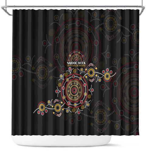 NAIDOC Deadly 50 Years Shower Curtain Aboriginal Black Gold Boomerang Art