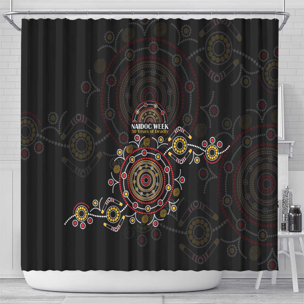 NAIDOC Deadly 50 Years Shower Curtain Aboriginal Black Gold Boomerang Art