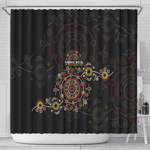 NAIDOC Deadly 50 Years Shower Curtain Aboriginal Black Gold Boomerang Art