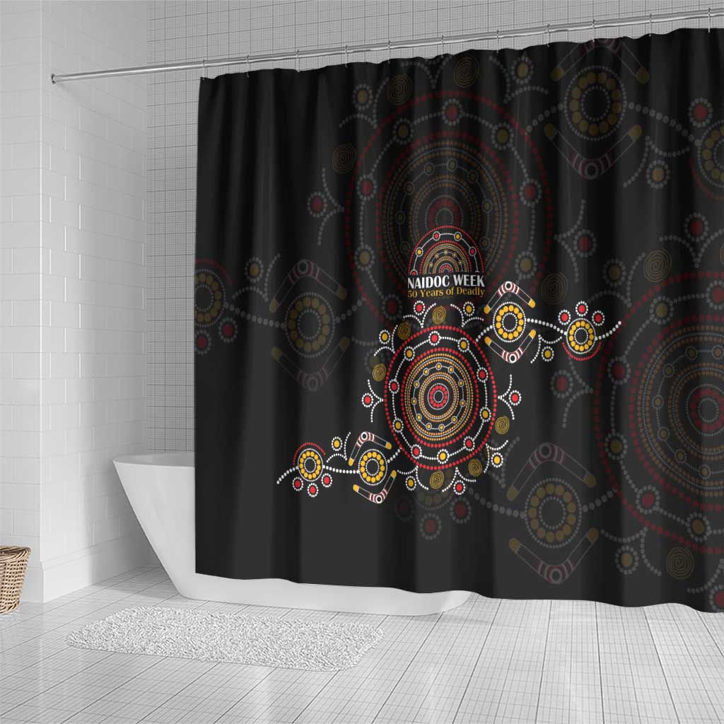 NAIDOC Deadly 50 Years Shower Curtain Aboriginal Black Gold Boomerang Art