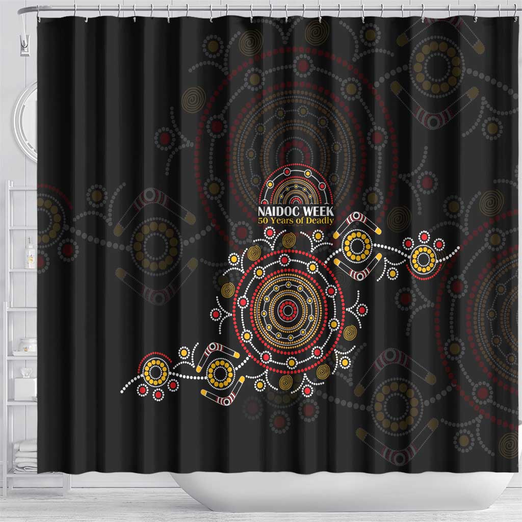NAIDOC Deadly 50 Years Shower Curtain Aboriginal Black Gold Boomerang Art