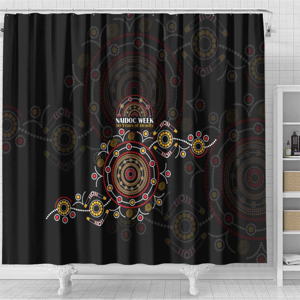 NAIDOC Deadly 50 Years Shower Curtain Aboriginal Black Gold Boomerang Art