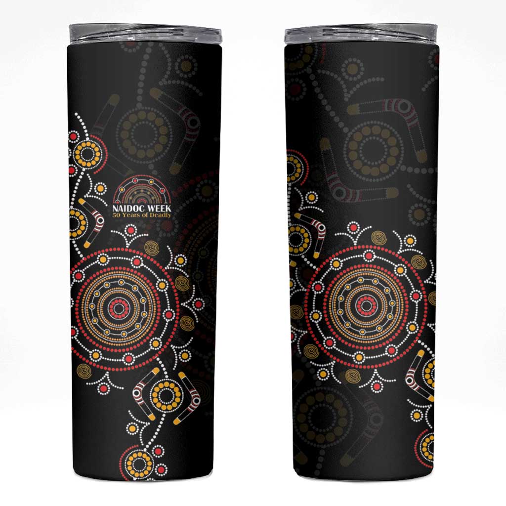 NAIDOC Deadly 50 Years Skinny Tumbler Aboriginal Black Gold Boomerang Art