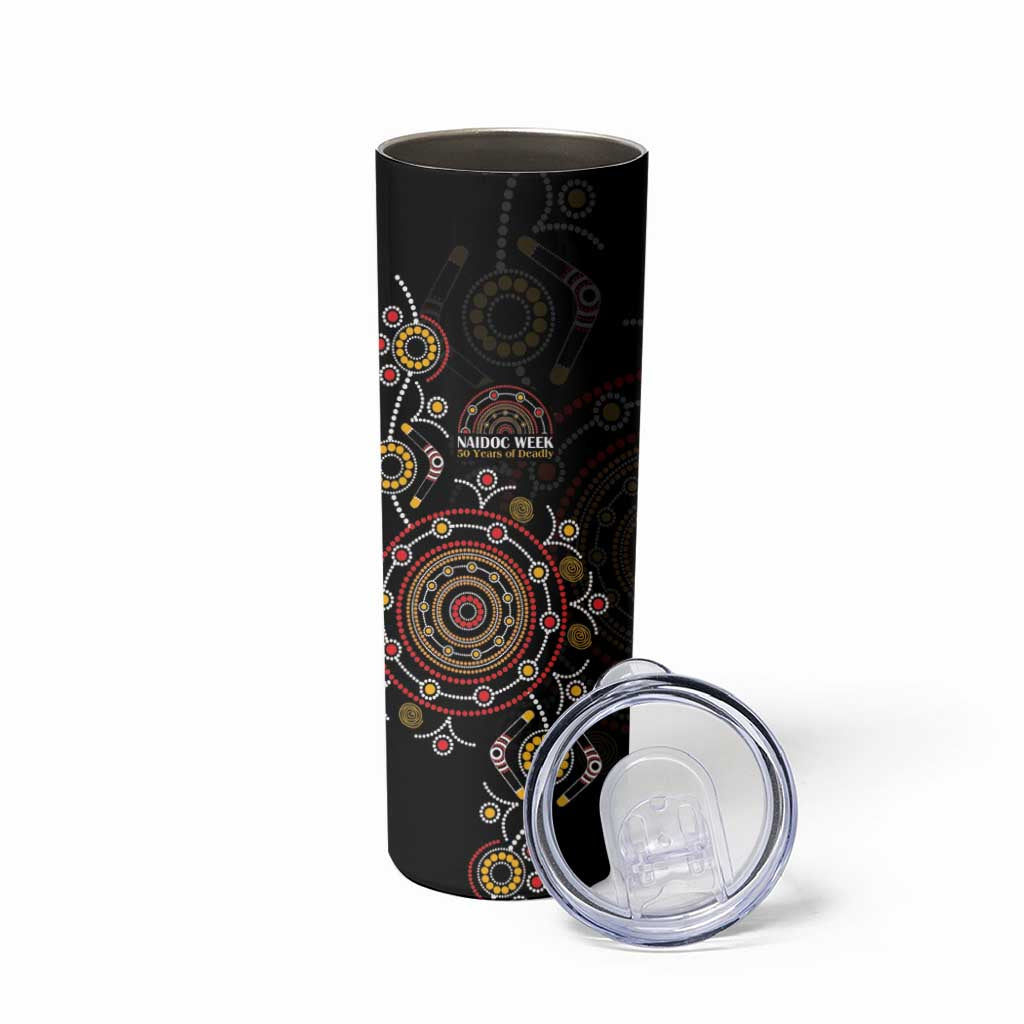 NAIDOC Deadly 50 Years Skinny Tumbler Aboriginal Black Gold Boomerang Art