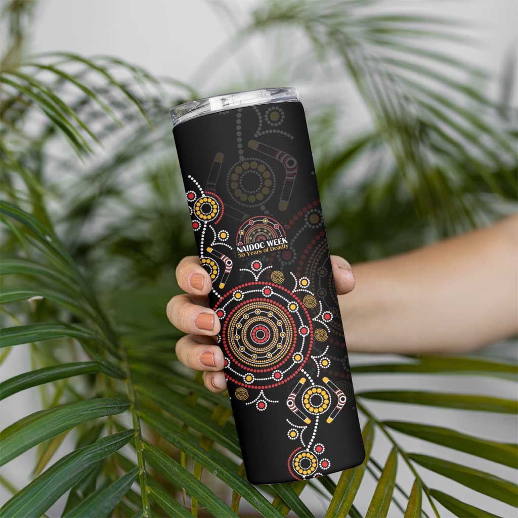 NAIDOC Deadly 50 Years Skinny Tumbler Aboriginal Black Gold Boomerang Art