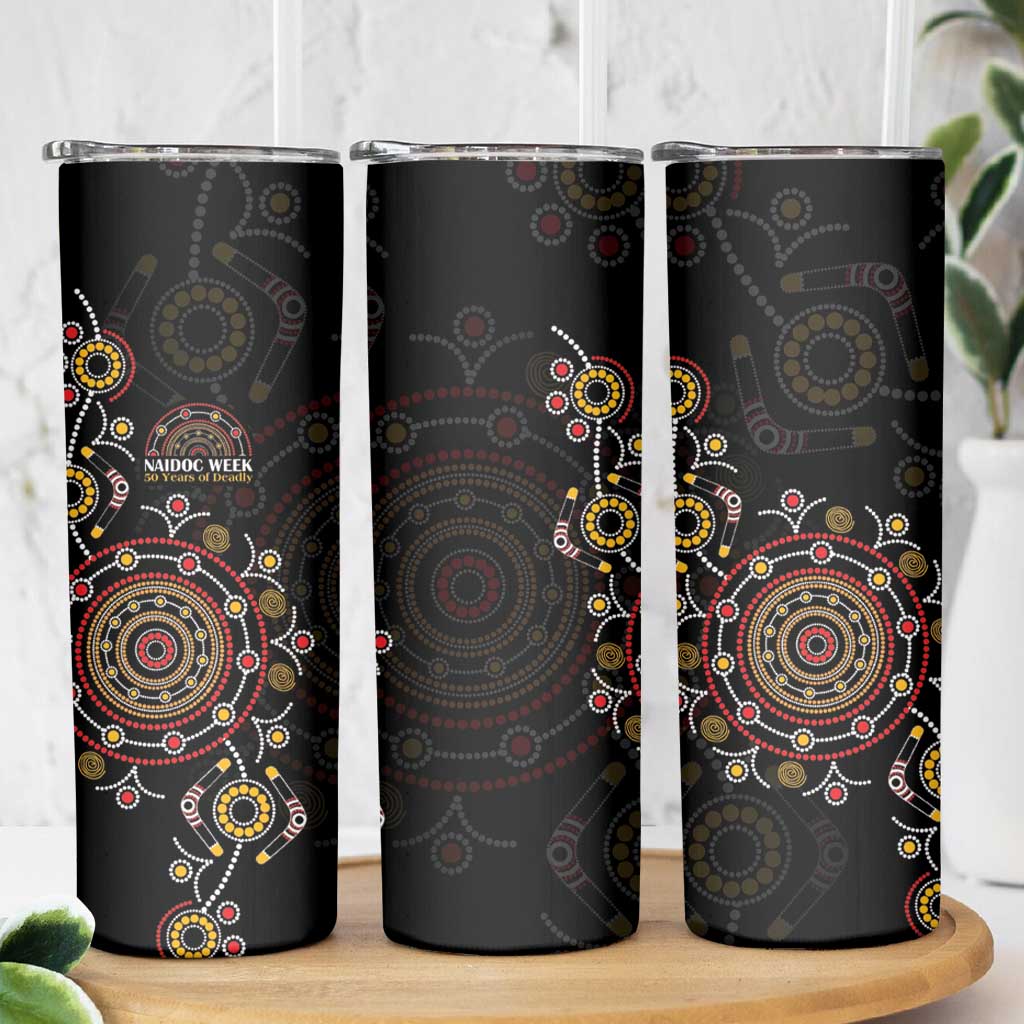 NAIDOC Deadly 50 Years Skinny Tumbler Aboriginal Black Gold Boomerang Art