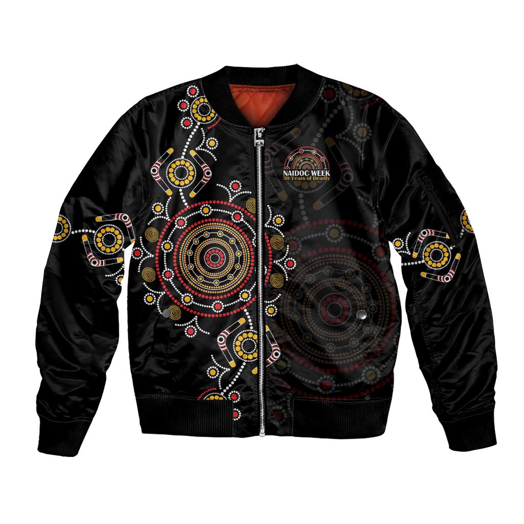 NAIDOC Deadly 50 Years Sleeve Zip Bomber Jacket Aboriginal Black Gold Boomerang Art