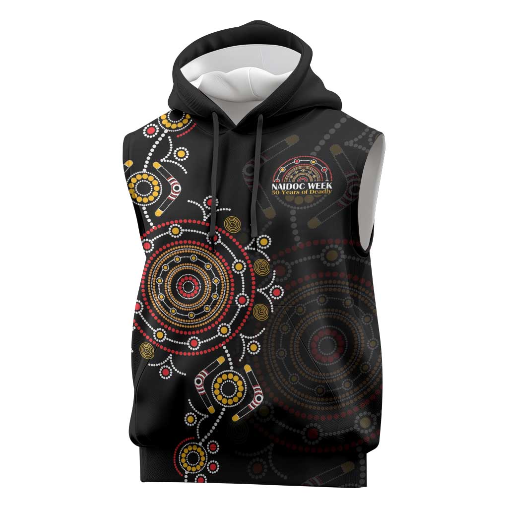 NAIDOC Deadly 50 Years Sleeveless Hoodie Aboriginal Black Gold Boomerang Art