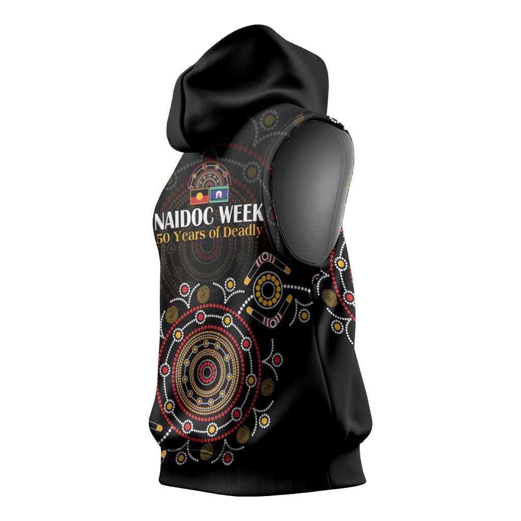 NAIDOC Deadly 50 Years Sleeveless Hoodie Aboriginal Black Gold Boomerang Art