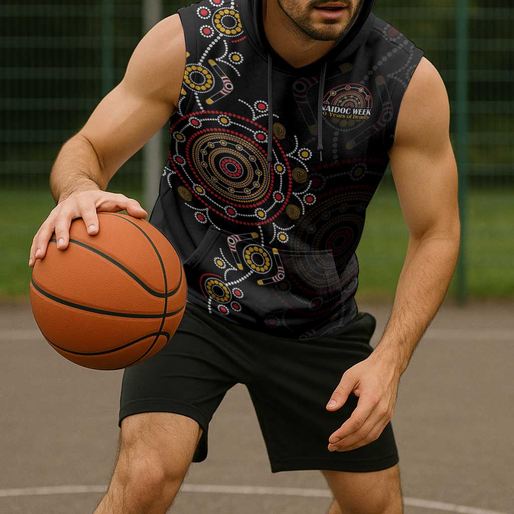 NAIDOC Deadly 50 Years Sleeveless Hoodie Aboriginal Black Gold Boomerang Art