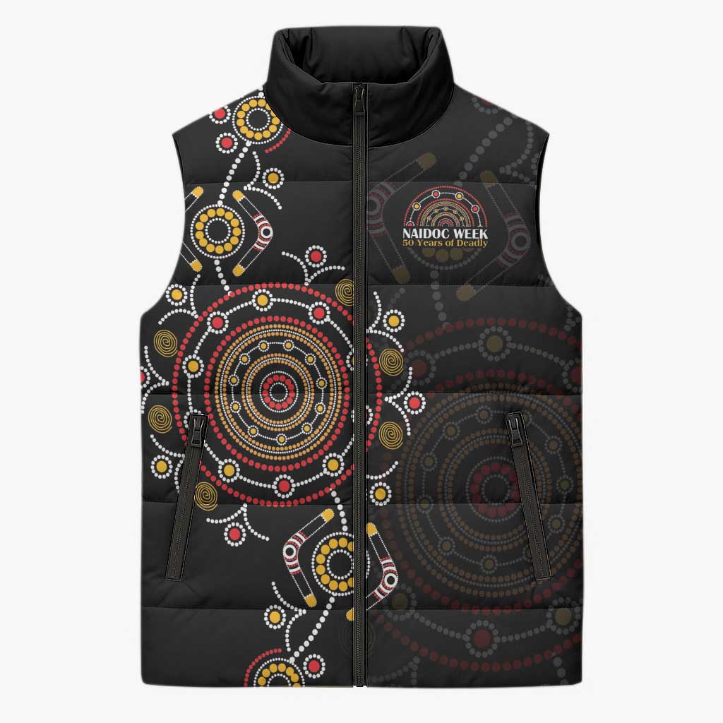 NAIDOC Deadly 50 Years Sleeveless Puffer Jacket Aboriginal Black Gold Boomerang Art
