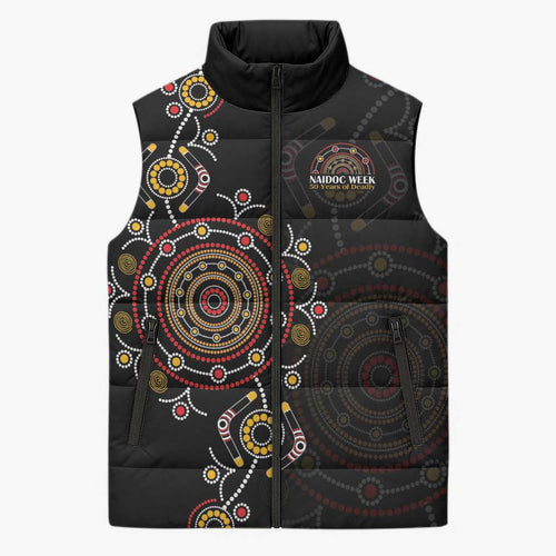 NAIDOC Deadly 50 Years Sleeveless Puffer Jacket Aboriginal Black Gold Boomerang Art