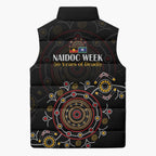 NAIDOC Deadly 50 Years Sleeveless Puffer Jacket Aboriginal Black Gold Boomerang Art