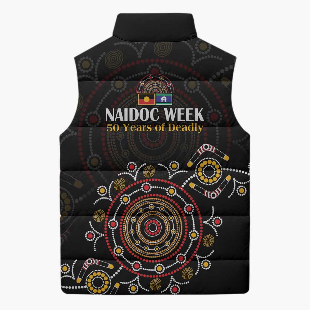 NAIDOC Deadly 50 Years Sleeveless Puffer Jacket Aboriginal Black Gold Boomerang Art