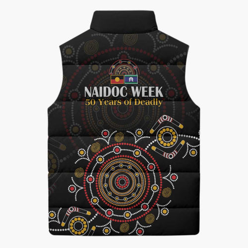 NAIDOC Deadly 50 Years Sleeveless Puffer Jacket Aboriginal Black Gold Boomerang Art