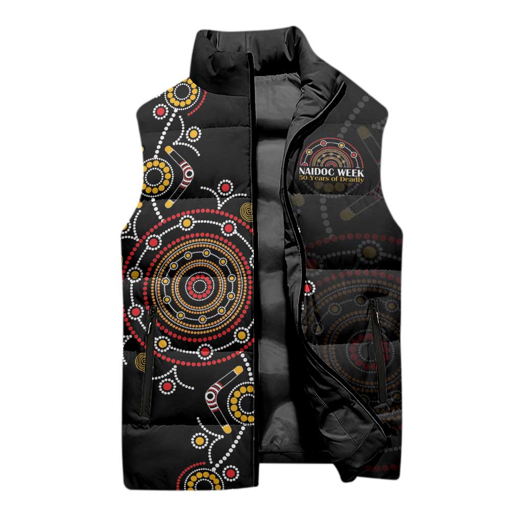 NAIDOC Deadly 50 Years Sleeveless Puffer Jacket Aboriginal Black Gold Boomerang Art