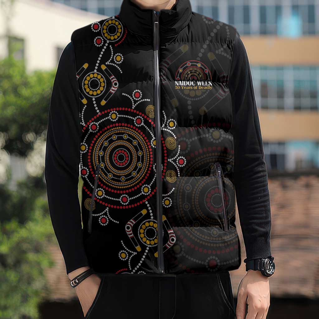 NAIDOC Deadly 50 Years Sleeveless Puffer Jacket Aboriginal Black Gold Boomerang Art