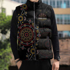 NAIDOC Deadly 50 Years Sleeveless Puffer Jacket Aboriginal Black Gold Boomerang Art