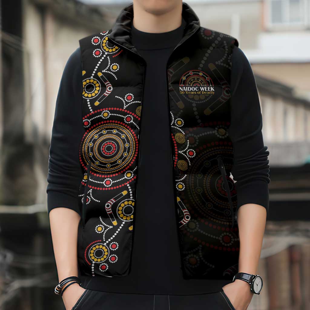 NAIDOC Deadly 50 Years Sleeveless Puffer Jacket Aboriginal Black Gold Boomerang Art