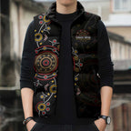 NAIDOC Deadly 50 Years Sleeveless Puffer Jacket Aboriginal Black Gold Boomerang Art