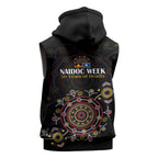 NAIDOC Deadly 50 Years Sleeveless Zip Hoodie Aboriginal Black Gold Boomerang Art