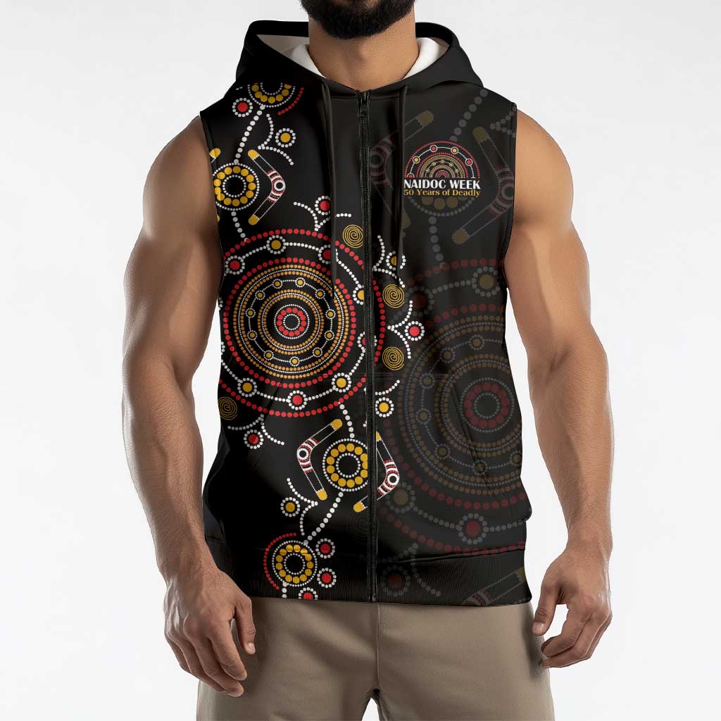NAIDOC Deadly 50 Years Sleeveless Zip Hoodie Aboriginal Black Gold Boomerang Art