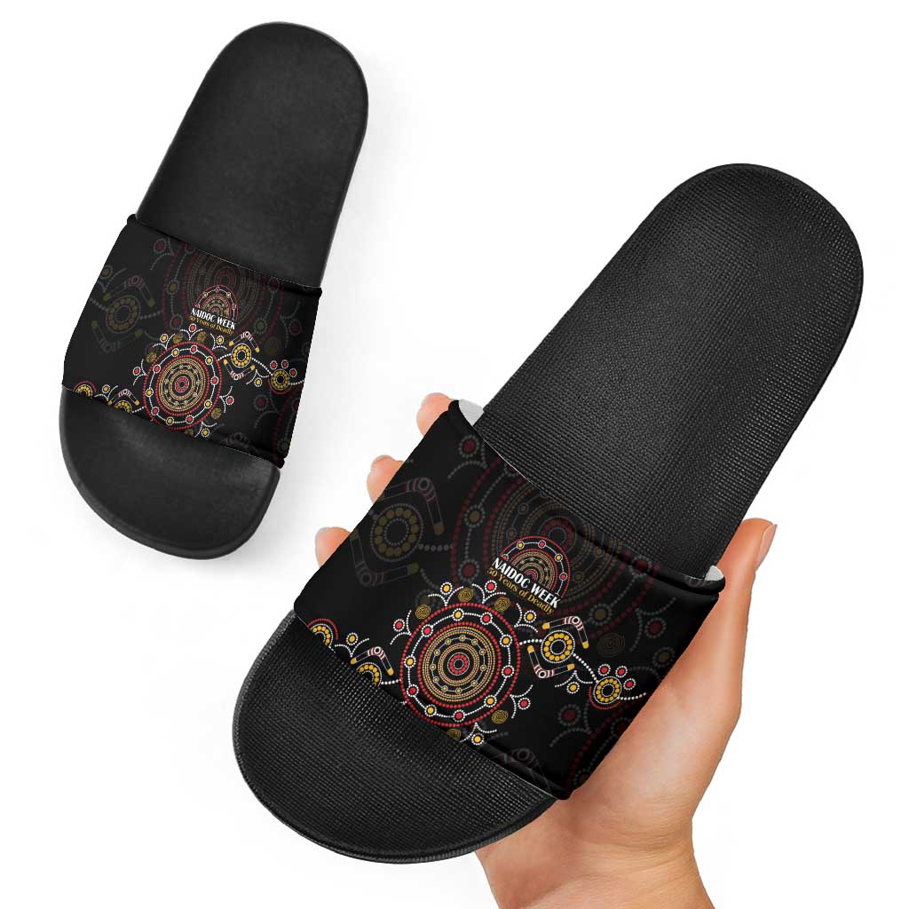 NAIDOC Deadly 50 Years Slide Sandals Aboriginal Black Gold Boomerang Art
