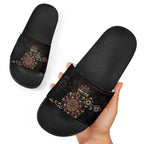 NAIDOC Deadly 50 Years Slide Sandals Aboriginal Black Gold Boomerang Art
