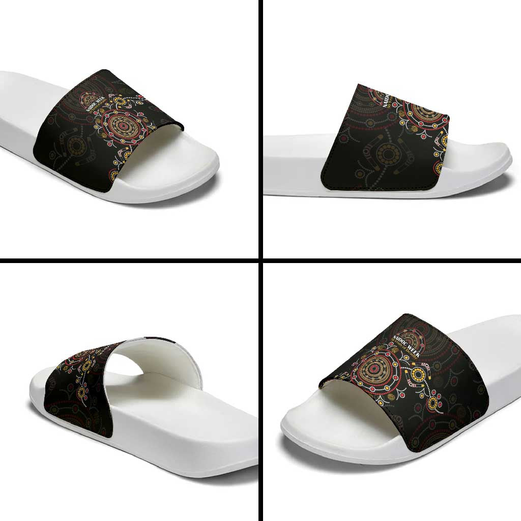 NAIDOC Deadly 50 Years Slide Sandals Aboriginal Black Gold Boomerang Art