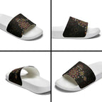 NAIDOC Deadly 50 Years Slide Sandals Aboriginal Black Gold Boomerang Art