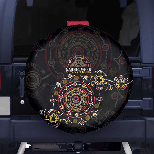 NAIDOC Deadly 50 Years Spare Tire Cover Aboriginal Black Gold Boomerang Art