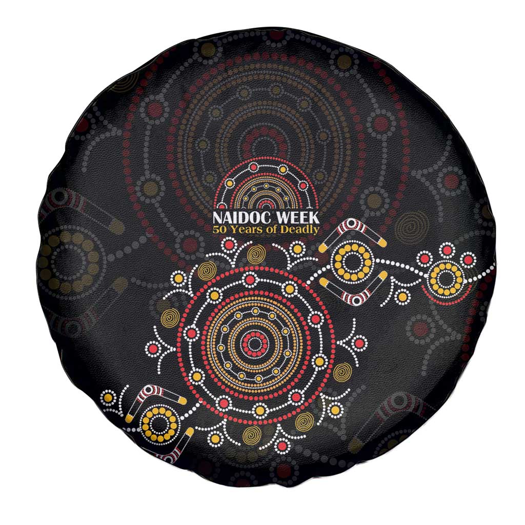 NAIDOC Deadly 50 Years Spare Tire Cover Aboriginal Black Gold Boomerang Art