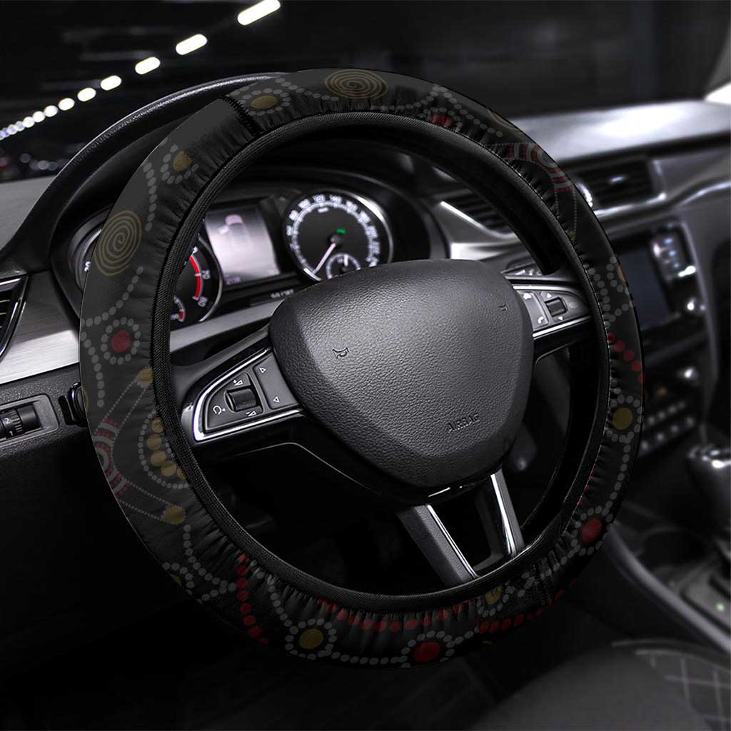 NAIDOC Deadly 50 Years Steering Wheel Cover Aboriginal Black Gold Boomerang Art