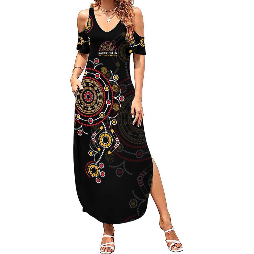 NAIDOC Deadly 50 Years Summer Maxi Dress Aboriginal Black Gold Boomerang Art