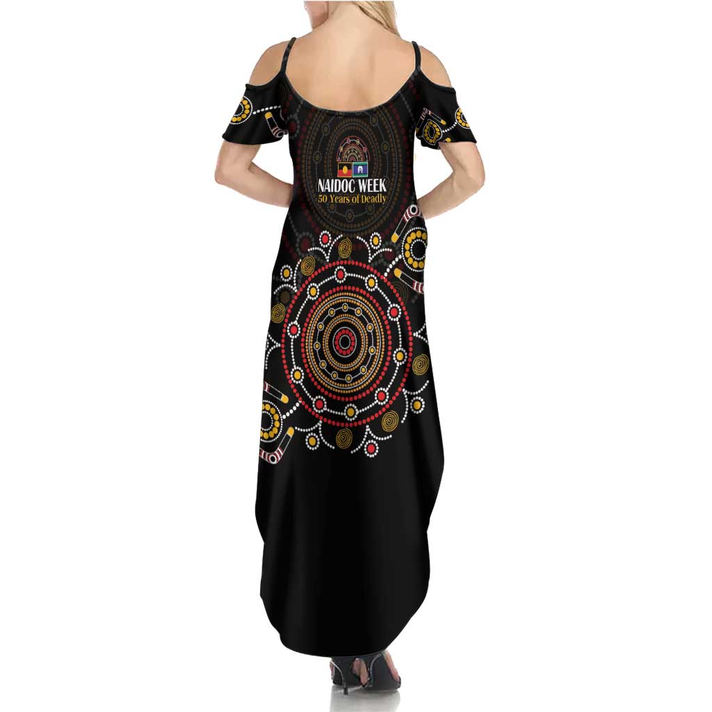 NAIDOC Deadly 50 Years Summer Maxi Dress Aboriginal Black Gold Boomerang Art