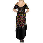 NAIDOC Deadly 50 Years Summer Maxi Dress Aboriginal Black Gold Boomerang Art
