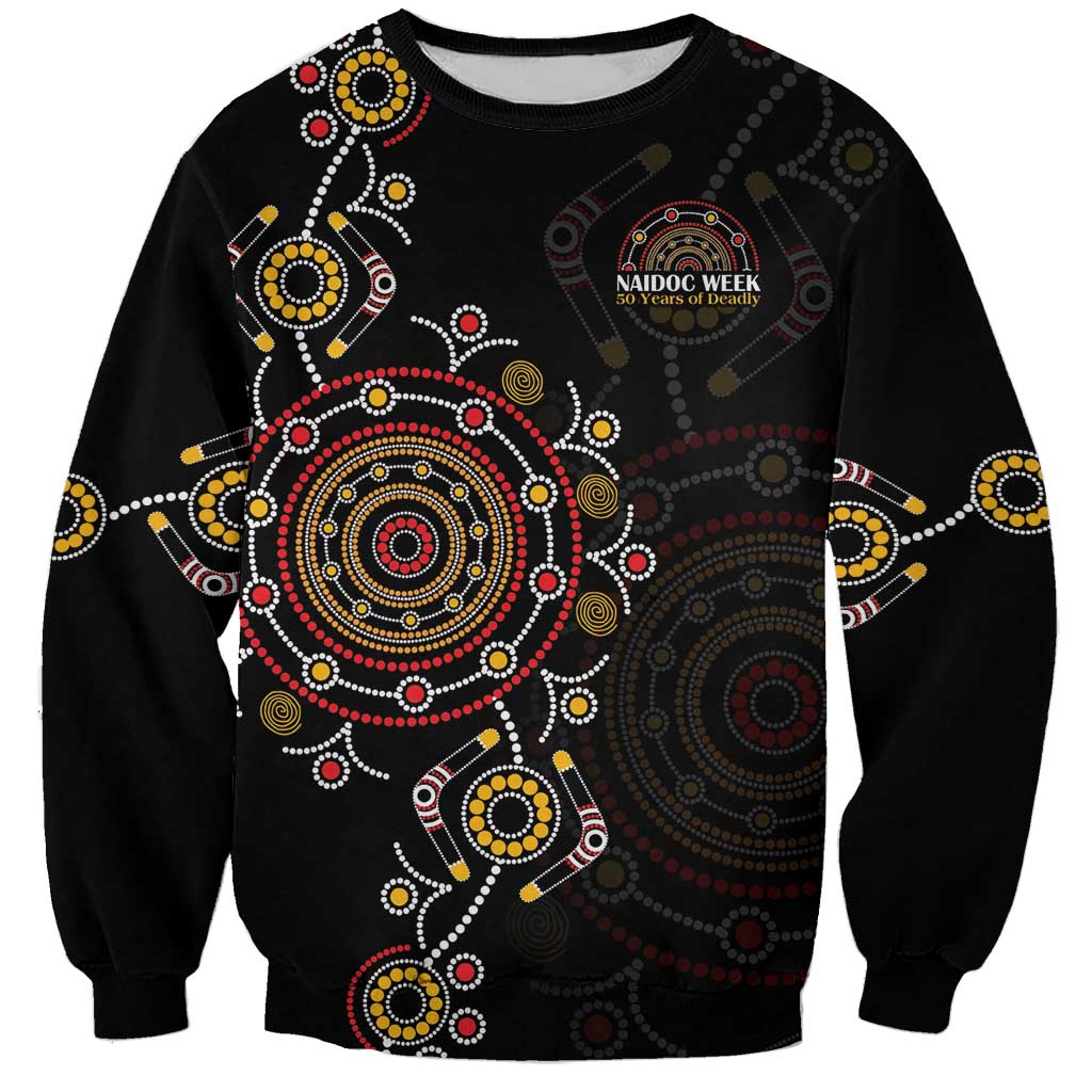 NAIDOC Deadly 50 Years Sweatshirt Aboriginal Black Gold Boomerang Art