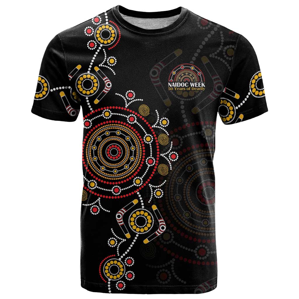 NAIDOC Deadly 50 Years T Shirt Aboriginal Black Gold Boomerang Art