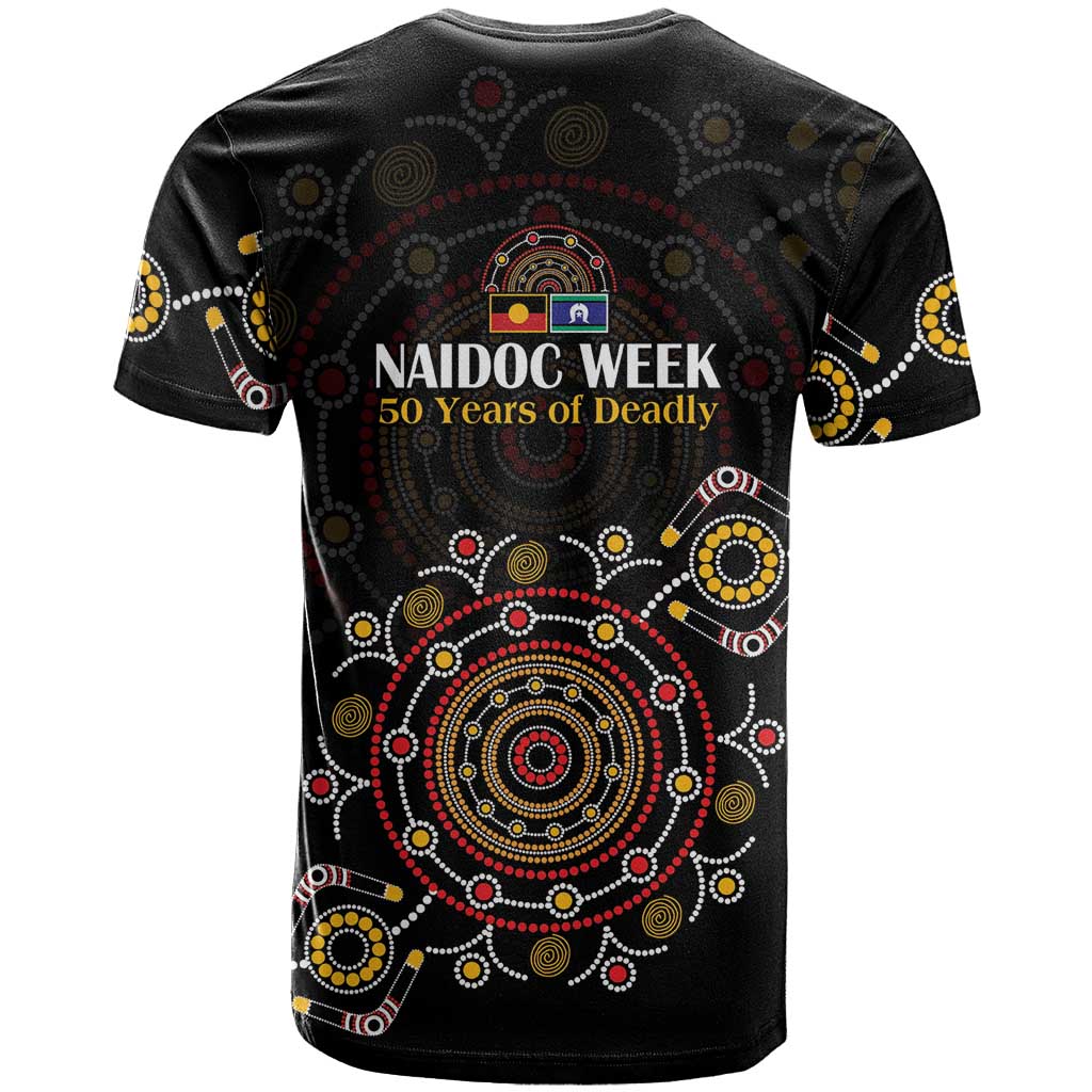 NAIDOC Deadly 50 Years T Shirt Aboriginal Black Gold Boomerang Art