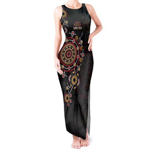 NAIDOC Deadly 50 Years Tank Maxi Dress Aboriginal Black Gold Boomerang Art