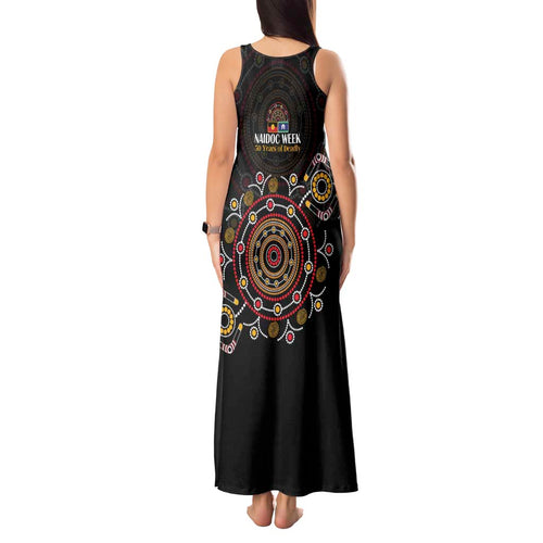 NAIDOC Deadly 50 Years Tank Maxi Dress Aboriginal Black Gold Boomerang Art