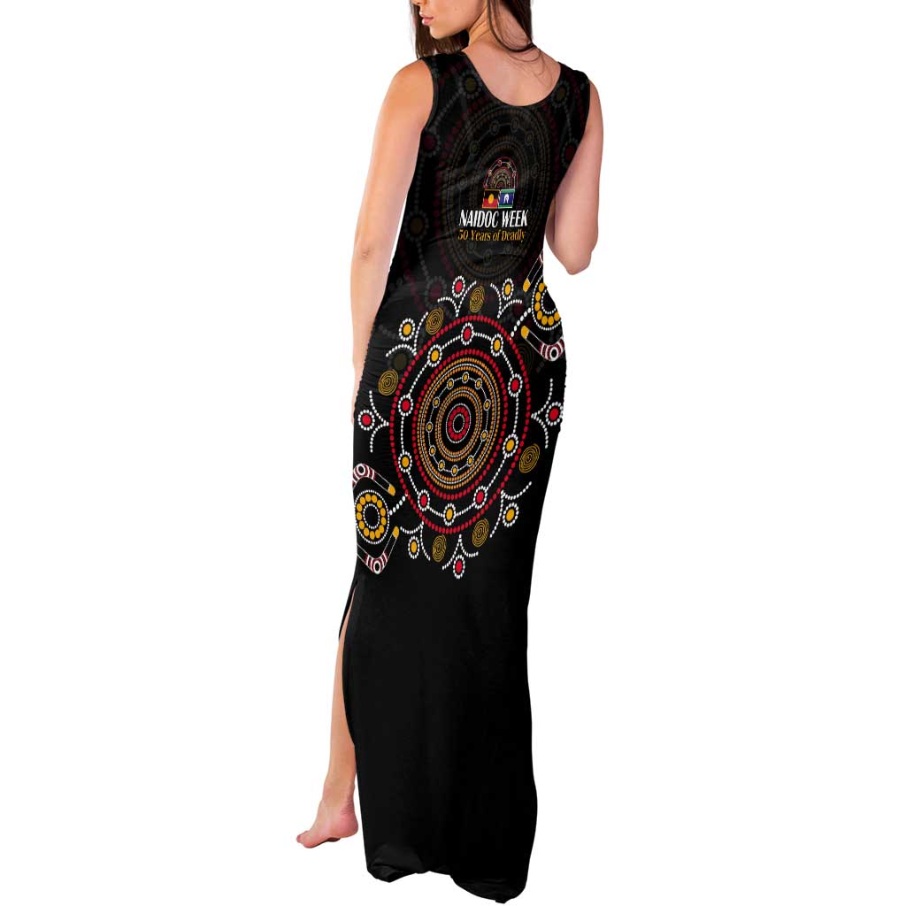 NAIDOC Deadly 50 Years Tank Maxi Dress Aboriginal Black Gold Boomerang Art