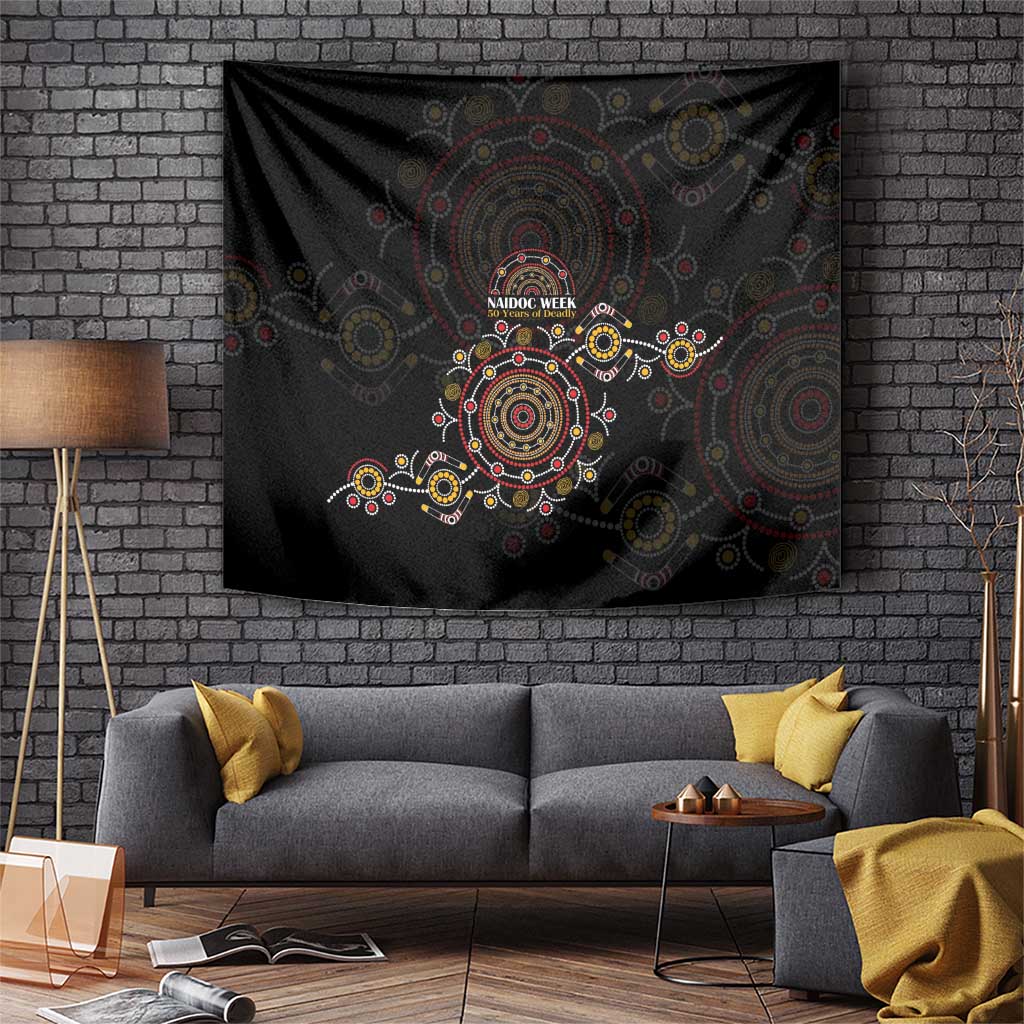 NAIDOC Deadly 50 Years Tapestry Aboriginal Black Gold Boomerang Art