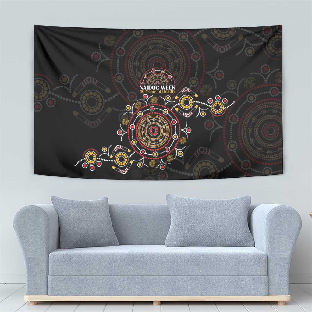 NAIDOC Deadly 50 Years Tapestry Aboriginal Black Gold Boomerang Art