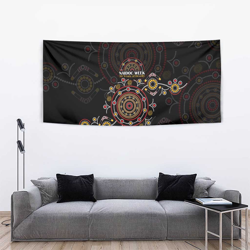 NAIDOC Deadly 50 Years Tapestry Aboriginal Black Gold Boomerang Art